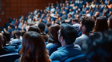 Many individuals sitting in rows in a lecture hall, listening attentively to a speaker or instructor - obrazy, fototapety, plakaty