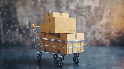 A shopping cart piled high with various boxes ready for transport or delivery