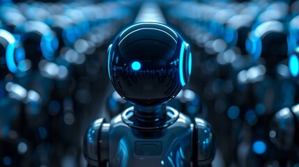 Many industrial robots standing in line. Blurry background. AI replaces people's jobs concept.