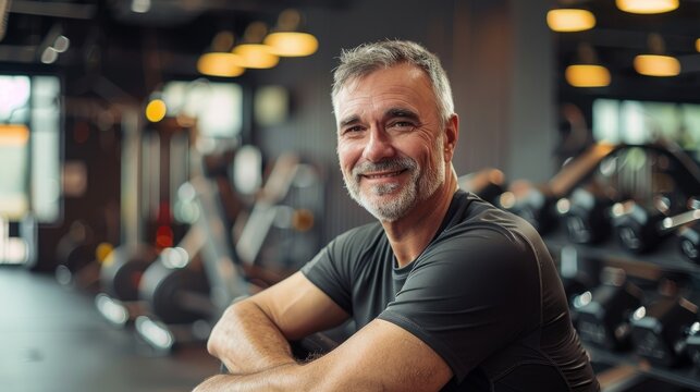 A man smiles at the camera in a gym environment, showcasing his workout routine and positive attitude