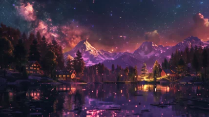 Möbelaufkleber Milky way view over pines, snow-capped mountains and a village of log cabins by a lake, bright colors, luminescent. Generative AI © Юрий Маслов