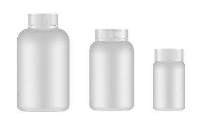 Set of big, medium and small medical pill bottles. White jar with lid. Plastic medicine container. 3d mockup of a packaging for pharmacy	
