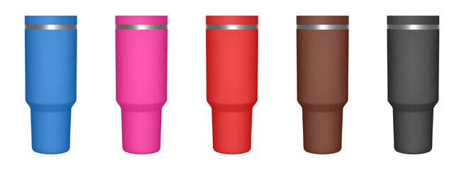 Thermo cup with lid. 3d mockup of a travel tumbler. Set of blue, pink, red, brown and black mugs. Thermos template	