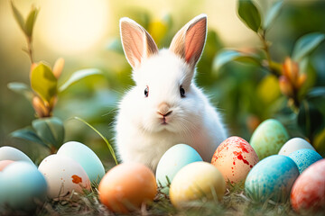 Fototapeta na wymiar White Rabbit Surrounded by Eggs in Grass