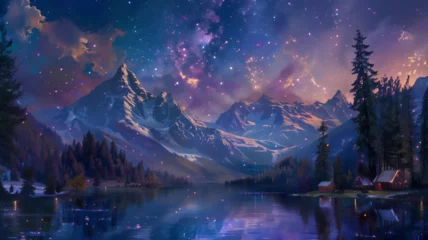 Schilderijen op glas Milky way view over pines, snow-capped mountains and a village of log cabins by a lake, bright colors, luminescent. Generative AI © Юрий Маслов