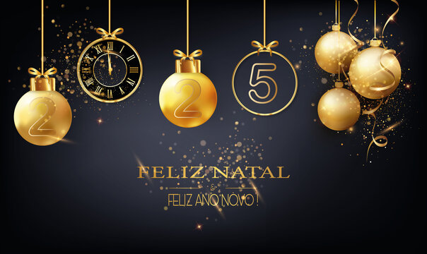cartão ou faixa de cabeça para desejar um Feliz Natal e Feliz Ano Novo 2025 em ouro e preto composto por baubles de Natal e um relógio em um fundo preto com glitter