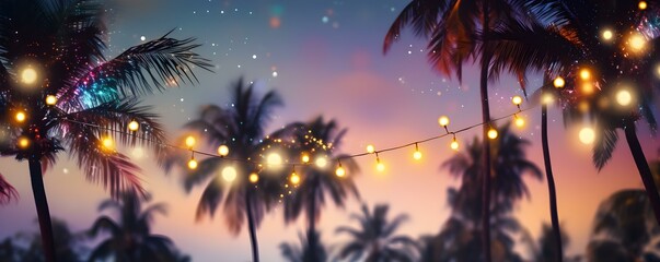 Fototapeta na wymiar Festive palm trees adorned with Christmas lights against night sky backdrop. Concept Holiday Decorations, Night Photography, Christmas Lights, Festive Palm Trees, Winter Night Sky