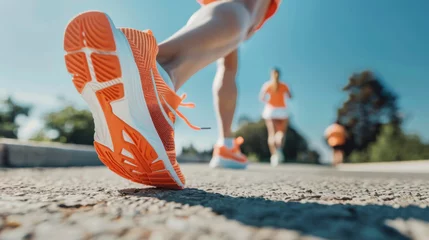 Muurstickers close-up action shot of a runner's bright orange shoes mid-stride on a coastal path. © VLA Studio
