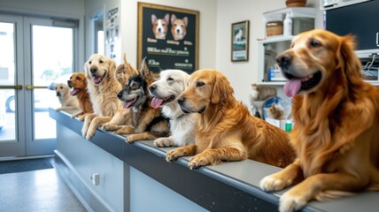 Veterinary Day, dogs eagerly anticipate their turn at veterinary clinic for attentive care and affectionate attention - obrazy, fototapety, plakaty