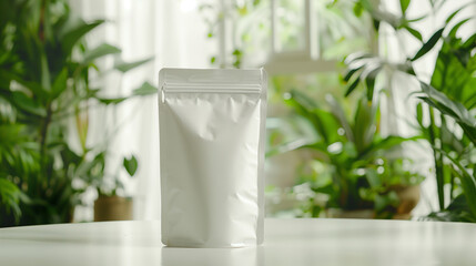 Minimalist White Bag of Vegan Protein Blend on Table with Greenery