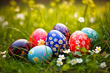 Fototapeta na wymiar Colorful Easter Eggs in Grass