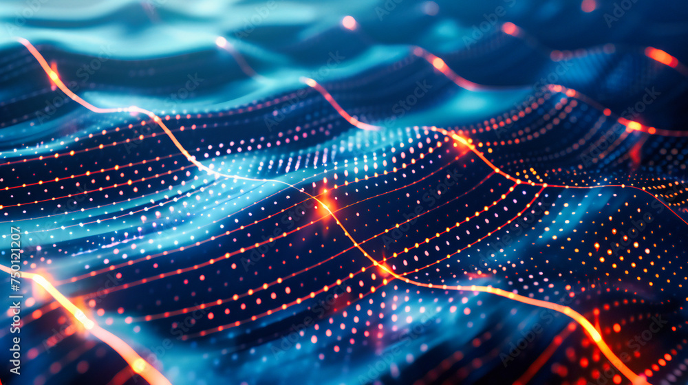 Poster futuristic technology wave in an abstract space, where digital grids and blue lights visualize the f