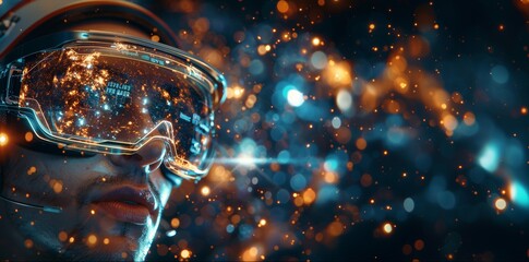 Man immersed in a virtual reality experience with cosmic visuals displayed on his futuristic goggles