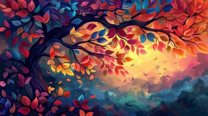 Vibrant, Colorful Tree Illustration for Background Generative AI