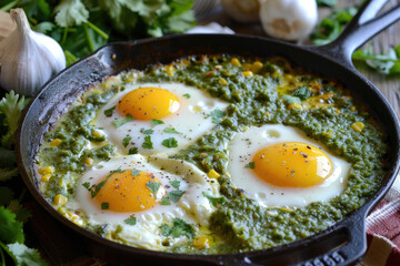 A flavorful egg dish topped with green salsa