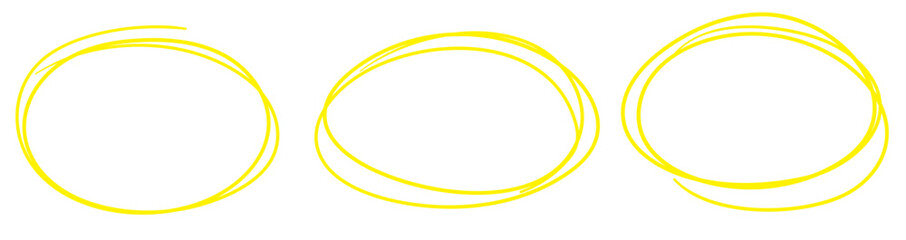 Yellow circle line hand drawn set. Highlight hand drawing circle isolated on background. Round handwritten circle. For marking text, note, mark icon, number, marker pen, pencil and text check, vector