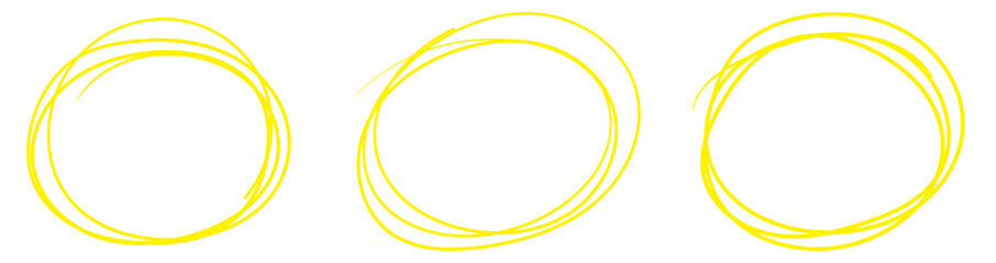 Yellow circle line hand drawn set. Highlight hand drawing circle isolated on background. Round handwritten circle. For marking text, note, mark icon, number, marker pen, pencil and text check, vector