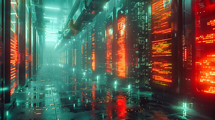 Futuristic technology and digital network in a server room, neon lights illuminating the cyberspace database center