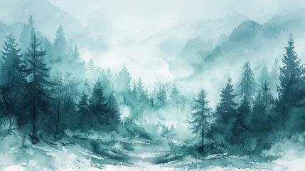 Foto op Plexiglas Frosty Winter Taiga: A Foggy Forest Hill Landscape Generative AI © Alex