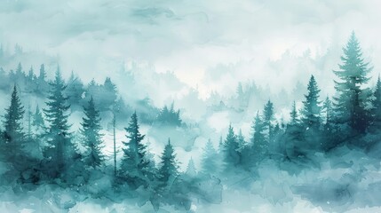 Misty Winter Taiga Hill in Watercolor Generative AI