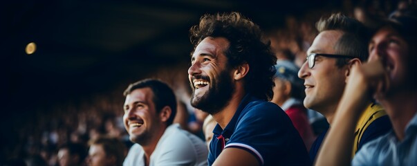 Enthusiastic French Rugby Fans Celebrate in the Stands at a Match. Concept French Rugby Fans, Celebrate in Stands, Enthusiastic, Match, Sports Fans - obrazy, fototapety, plakaty
