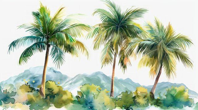 Tropical Watercolor Palm Tree and Coconut Scene Generative AI