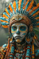 Detailed view of a tribal mask with vibrant headdress and face paint