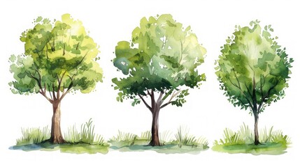 Hand Drawn Watercolor Illustration of Green Summer-Spring Tree and Bush in Brown Trunk Landscape Design Generative AI