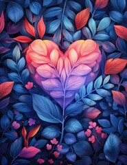 Digital art of a heart made from colorful leaves on a dark background