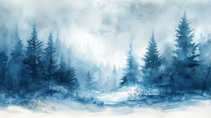 Fototapeta na wymiar Hand Drawn Watercolor Painting of Christmas Tree Forest Landscape Generative AI