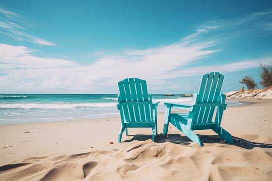 Summer holiday vacation and sunny tropical beach background with chair and umbrella and travel accessories.