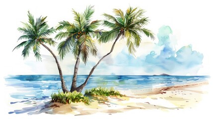 Fototapeta na wymiar Summer Vacation: Watercolor Palm Trees on Beach Generative AI