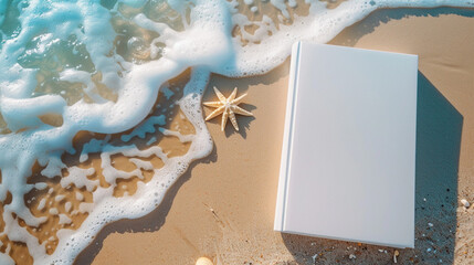 Fototapeta na wymiar Topview free space book cover on the beach and sea.