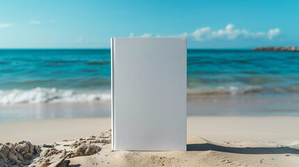 White ad book cover mock up stand on the beach and sea background.