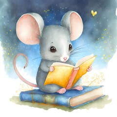 Cute little mouse reading a book.