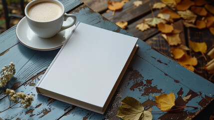 Blank book cover for advertise on the wooden table.