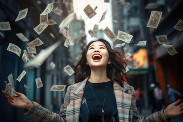 Happy person getting bonus money and banknotes flying in the air and get lucky rich and financial freedom comeliness