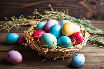 Easter eggs in a basket on a wooden table