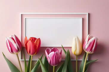 pink tulips on a white.  minimalist printing frame with white lines on a light pink tulip background, with copy space.