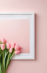 pink tulips.  minimalist printing frame with white lines on a light pink tulip background, with copy space.