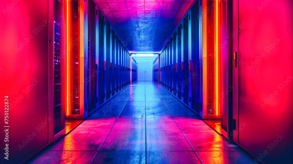 Poster futuristic server room with computing systems, networking and technology infrastructure, dark digita