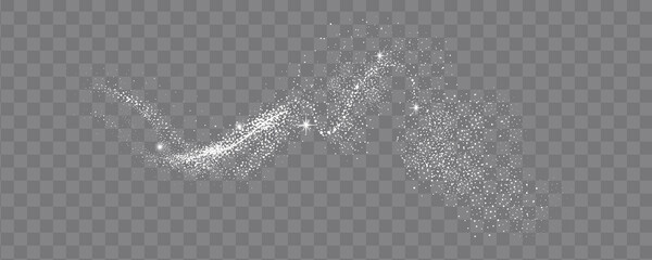 Glittering stars with golden shimmering swirls, shiny glitter design. Magical motion, sparkling lines on a black background.