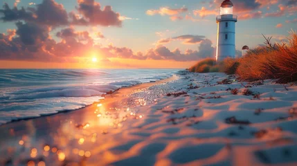 Foto op Canvas Seashore Lighthouse in Focus: A Serene Coastal Scene Generative AI © Alex