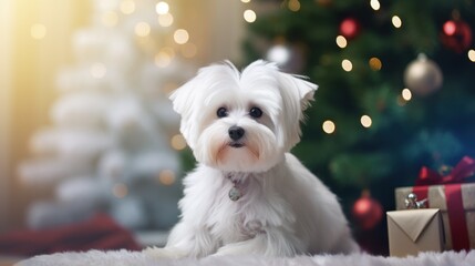 In a cozy holiday setting, an endearing dog poses with festive flair, adding charm to the Christmas ambiance.