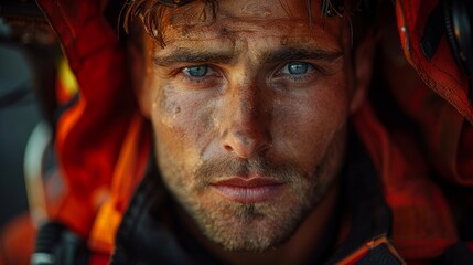 Obraz premium Portrait of a Dedicated Male Firefighter in Action Generative AI