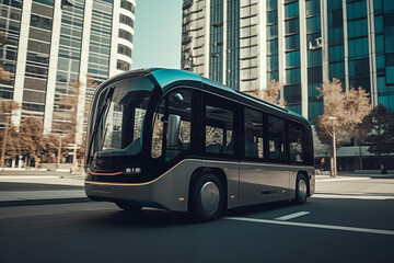 Obraz premium Self driving bus. Autonomous bus driving in city. Future Electric passenger buse. Self-driving passenger electric bus. Public electric E-bus. Driverless bus line with 5g autonomous driving buses.