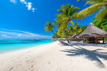 Fototapeta na wymiar Summer holiday vacation and sunny tropical beach with island sea in sky background