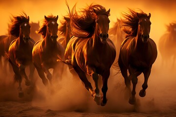 Stunning image. majestic herd of horses galloping gracefully across a vibrant and lively field