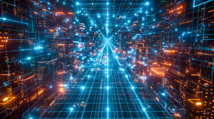Fototapeta na wymiar Futuristic science and technology concept with blue digital grid, abstract cyber communication background, perspective view