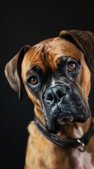 Obraz premium a boxer dog close-up portrait looking direct in camera with low-light, black backdrop. Boxer dog with a collar looking to the side, black background